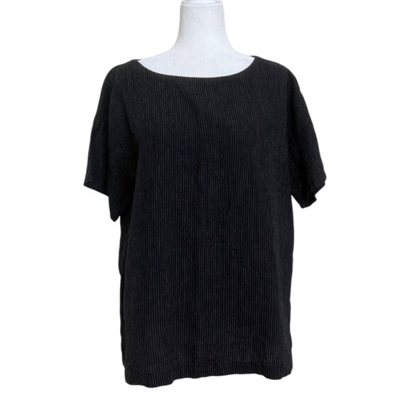 Eileen Fisher Organic Linen Top Black White Stripe Short Sleeve Womens Size L - Picture 1 of 7